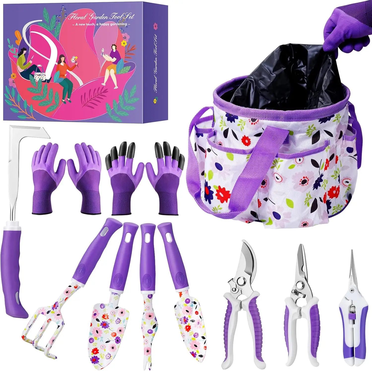 Floral Purple Garden Tool Set Gardening Gifts For Women,Garden Pruning Shears Set,Heavy Duty Gardening Tools Kit,Storage Tote