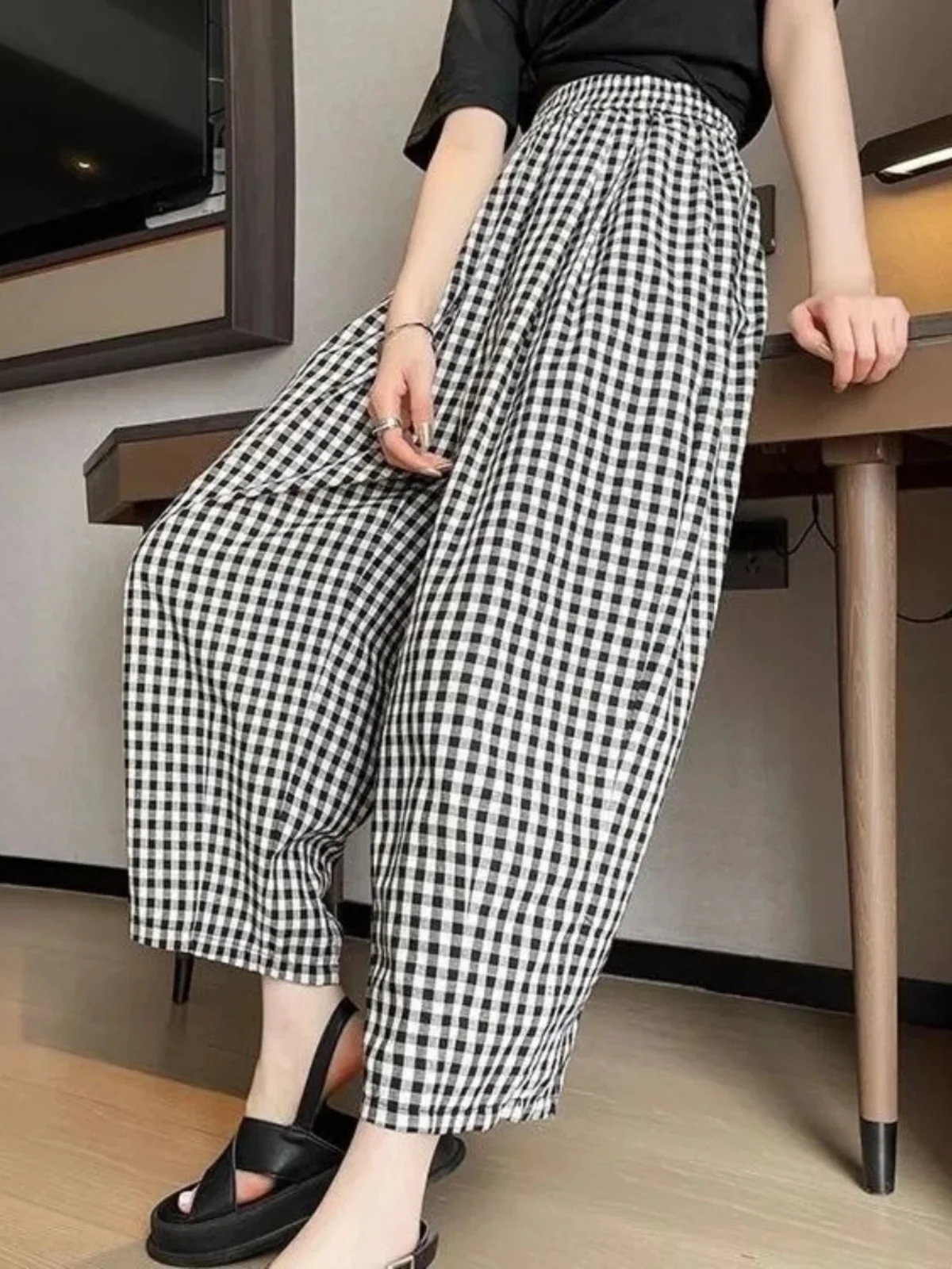 

plus Size High Waist Wide Leg Thin Design Summer Casual Plaid Pants for Women Heavy 300 Pounds Comfortable Versatile Loose Fit