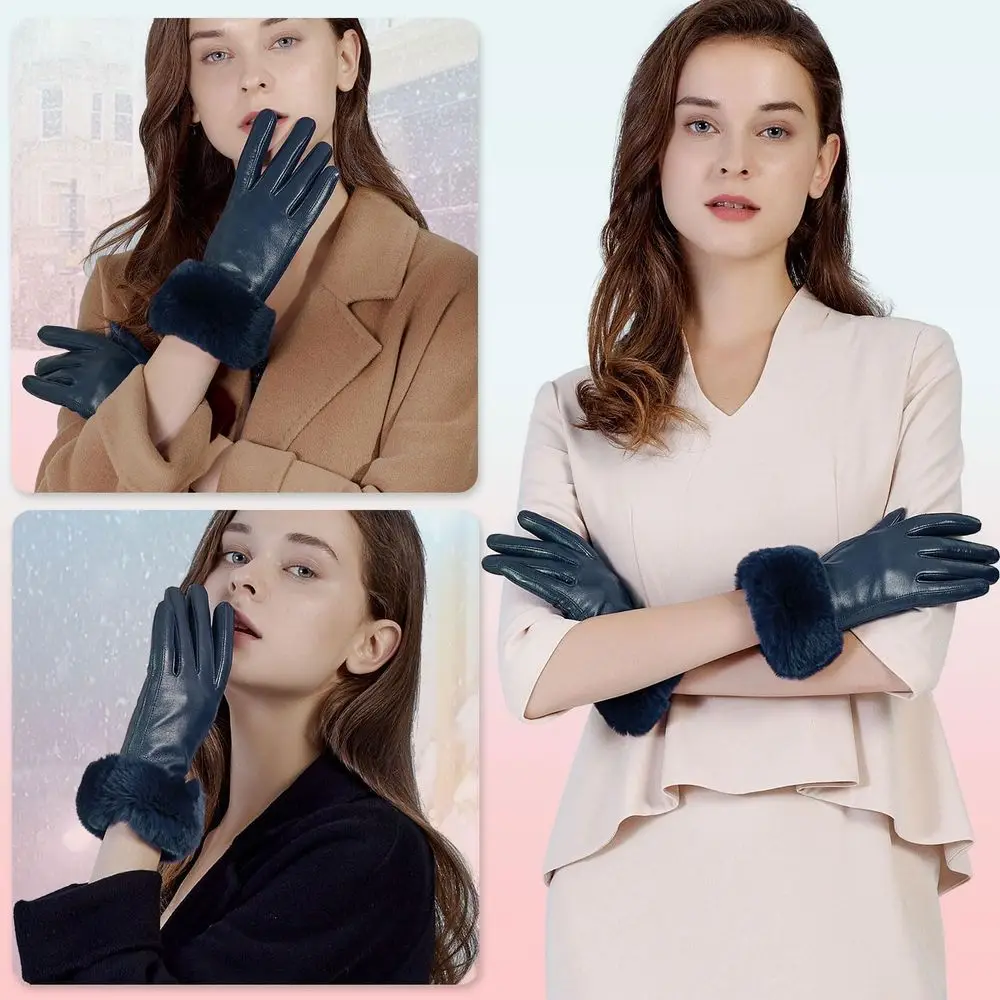 Damskie skórzane rękawiczki GSG z króliczym futerkiem na mankietach, dotykowe, ciepłe rękawice zimowe do prowadzenia samochodu, wielokolorowe.