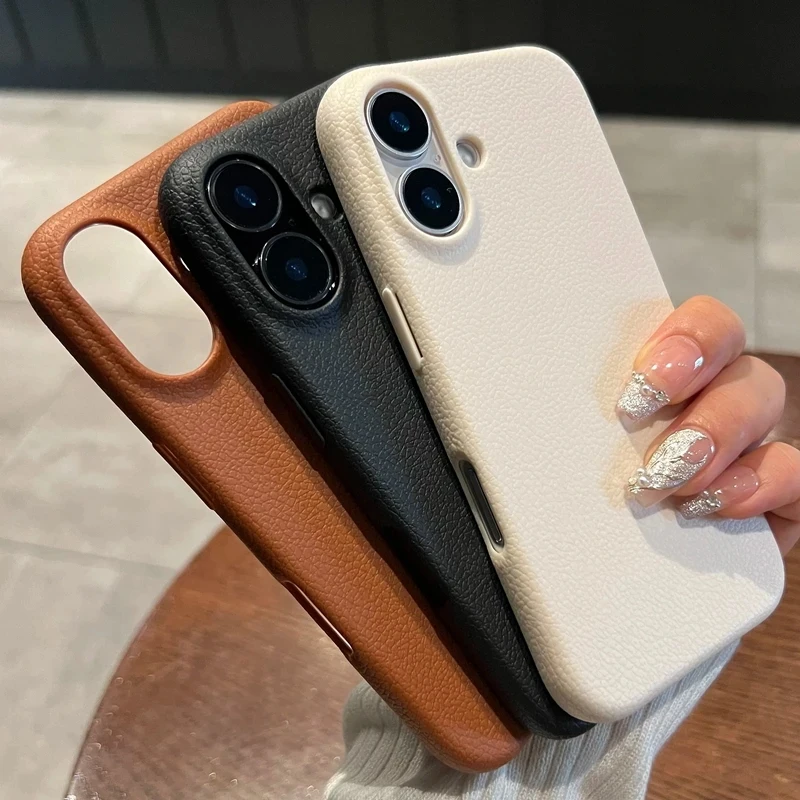 Funda de cuero suave de lujo con patrón de lichi para iPhone 17 Air 11 12 13 14 15 16 Pro Max Plus, silicona resistente a golpes