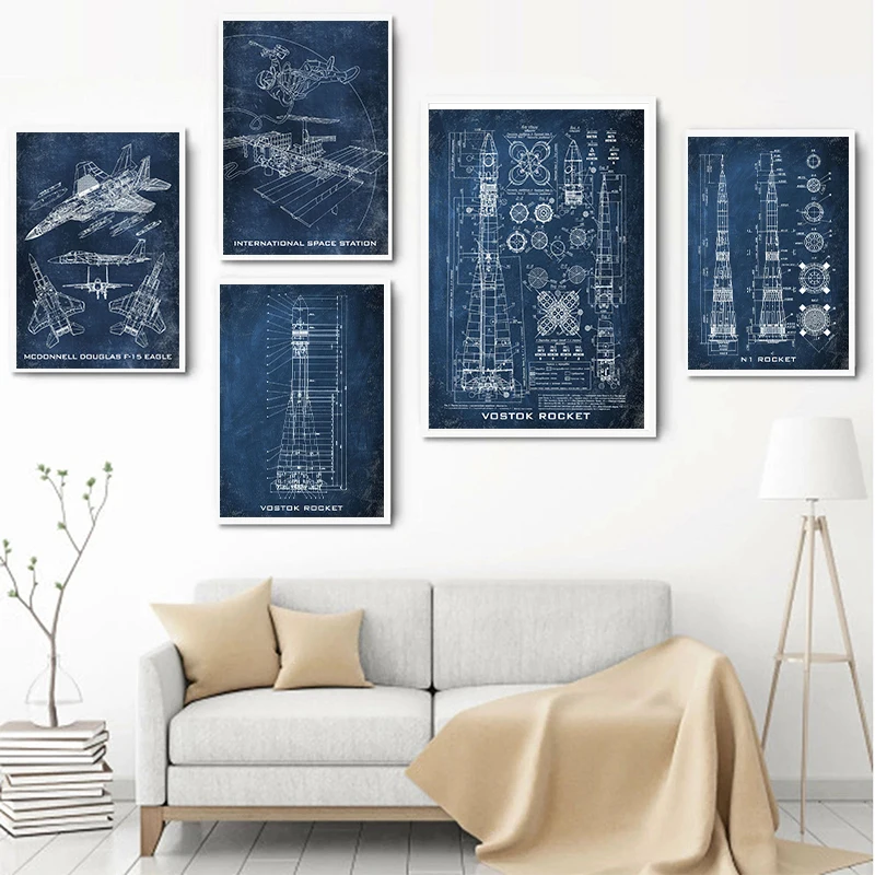 Space Patent Blueprints Vintage Poster and Prints , Space Ships Illustration Canvas Painting White Blue Pictures Home Decor