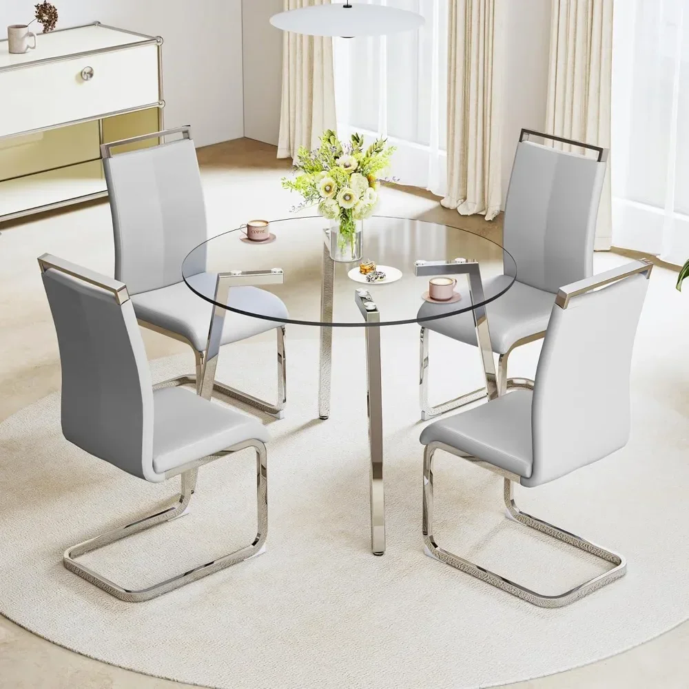 

Dining Table, Round Glass, Tempered Glass Top and 4 Chairs with Seat and Sturdy Chrome Legs, 5-Piece Dining Table Set