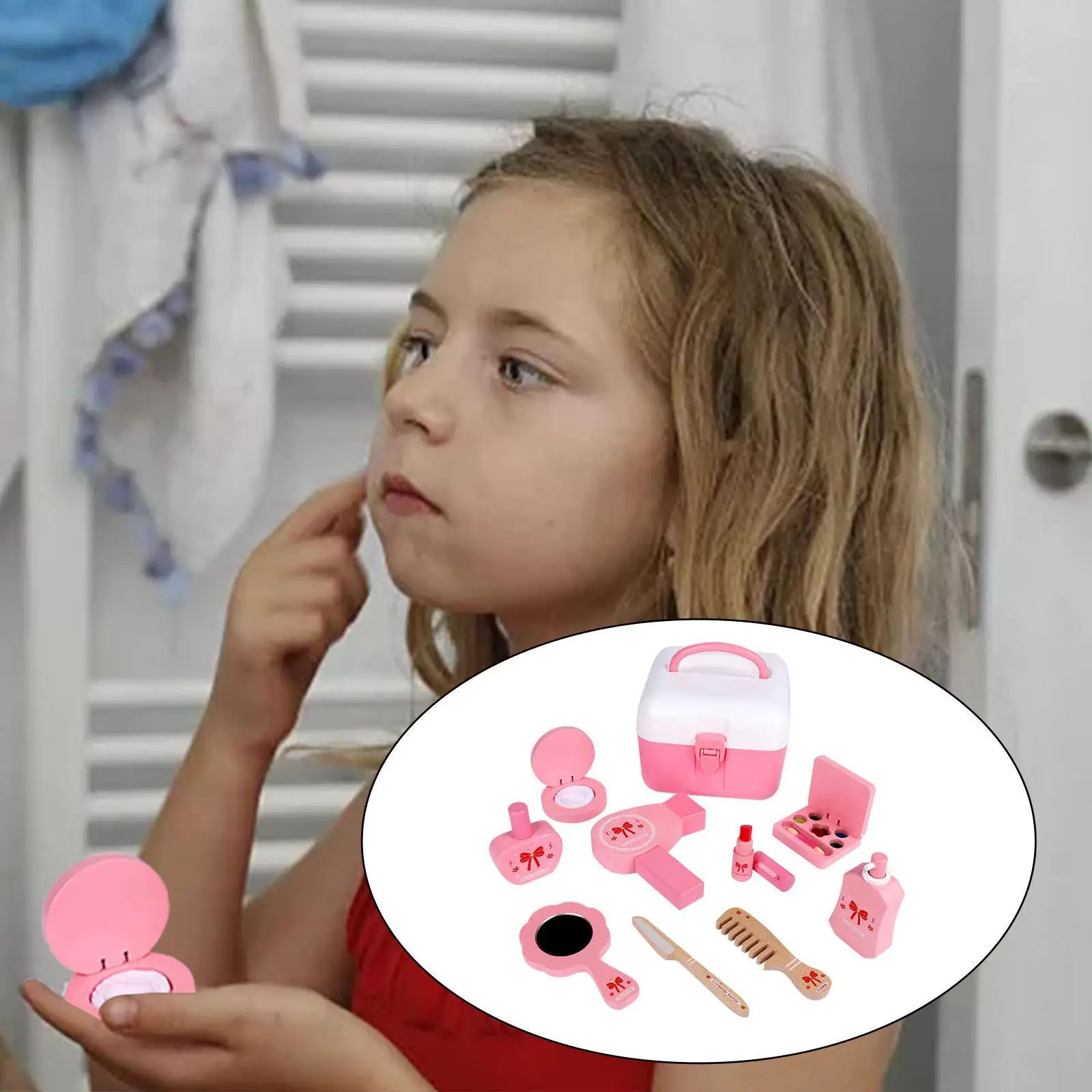 Kinderen spelen make-up set, houten kinderijdelheid set creatieve make-up doos voor meisjes, kinderen kaptafel speelgoed,