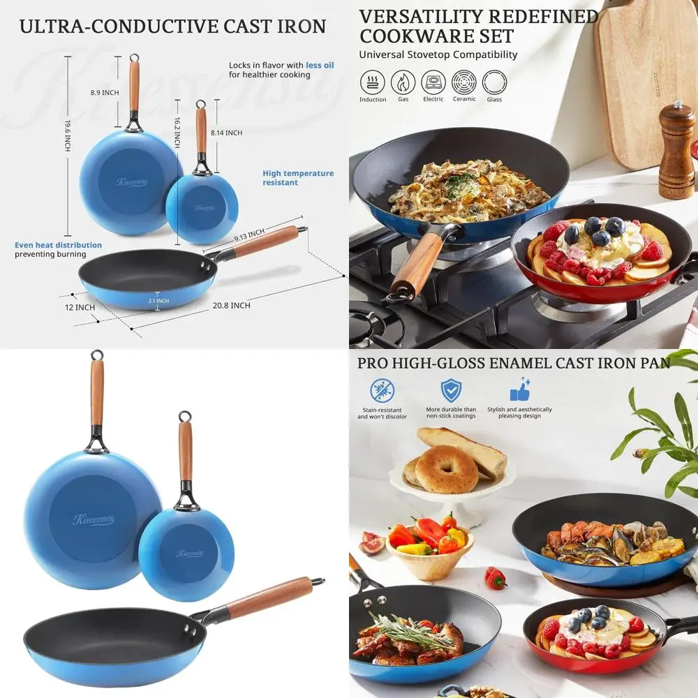 

Cobalt Blue Cast Iron Skillet Set - 8, 10, & 12 Inch Non-Stick Frying Pans with Wooden Handles