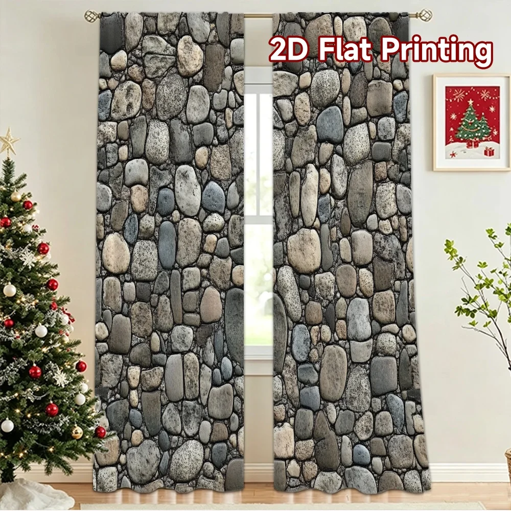 2D flat 2pcs Curtain Country Style Gray River Stone Wall Digitally printed polyester Festive Holiday Perfect for Drapes for