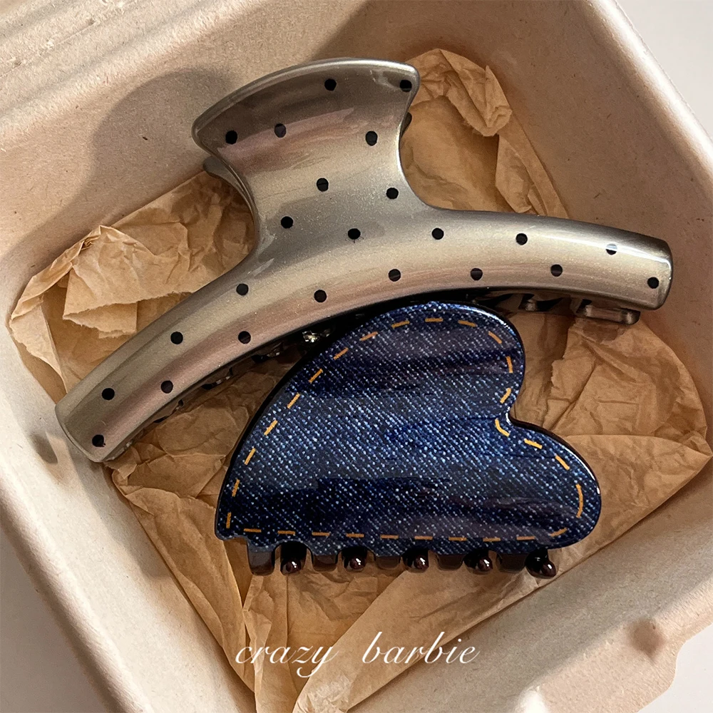 Retro denim textured heart-shaped silver polka dot hair clip with shark spring pattern, a women's everyday hair accessory. - view 5