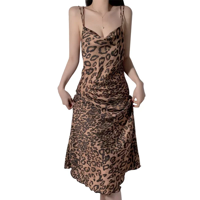 Leopard Satin Long Dresses Sexy Lingerie Women Backless Sleep Dress Nightgown Womens Pajamas Dress Very Sexy Night Woman Nightie