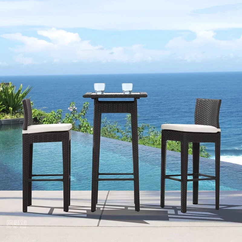！@Modern Design Outdoor Three-Piece Rattan Square Cushion Back Chair Set High Bar Table Front Desk Leisure High Bar Furniture