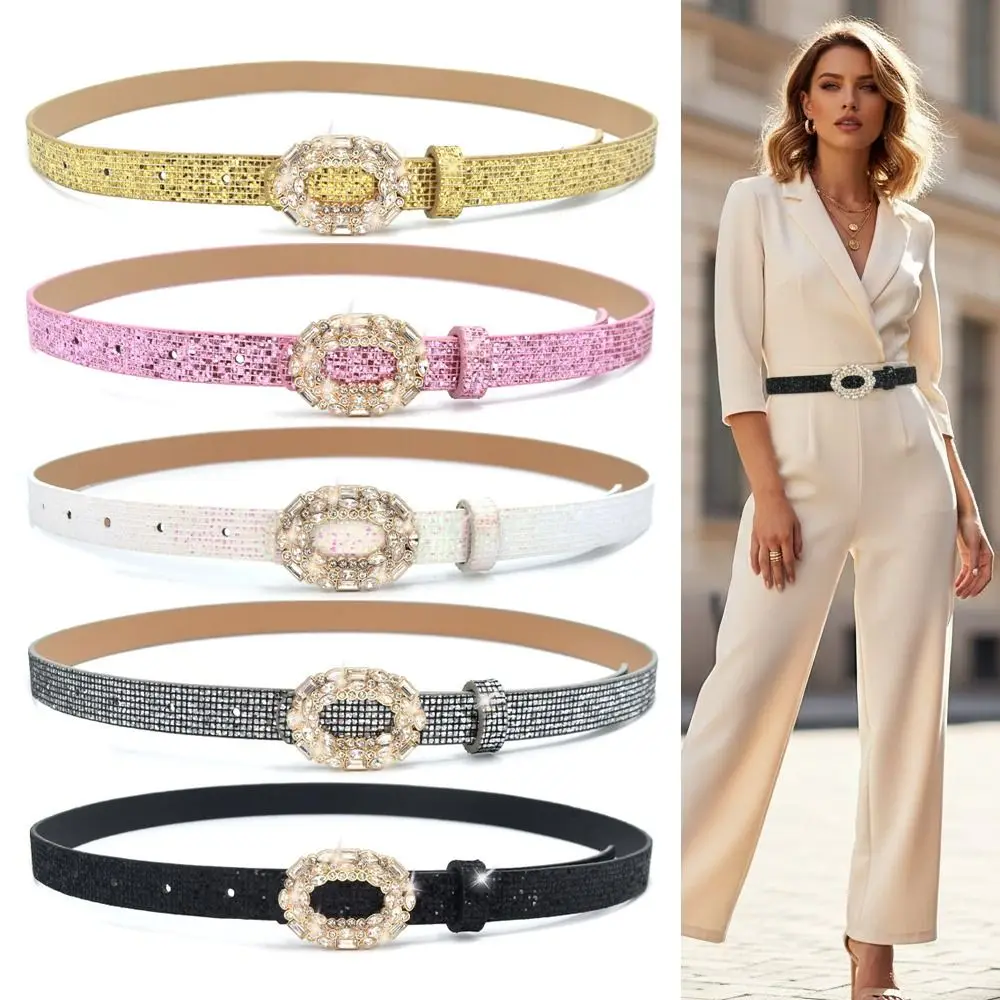 Vintage Bling Bling Sparkling Rhinestone Belt Versatile Luxury Brand Design PU Leather Belt Glitter Trendy Waistband Women
