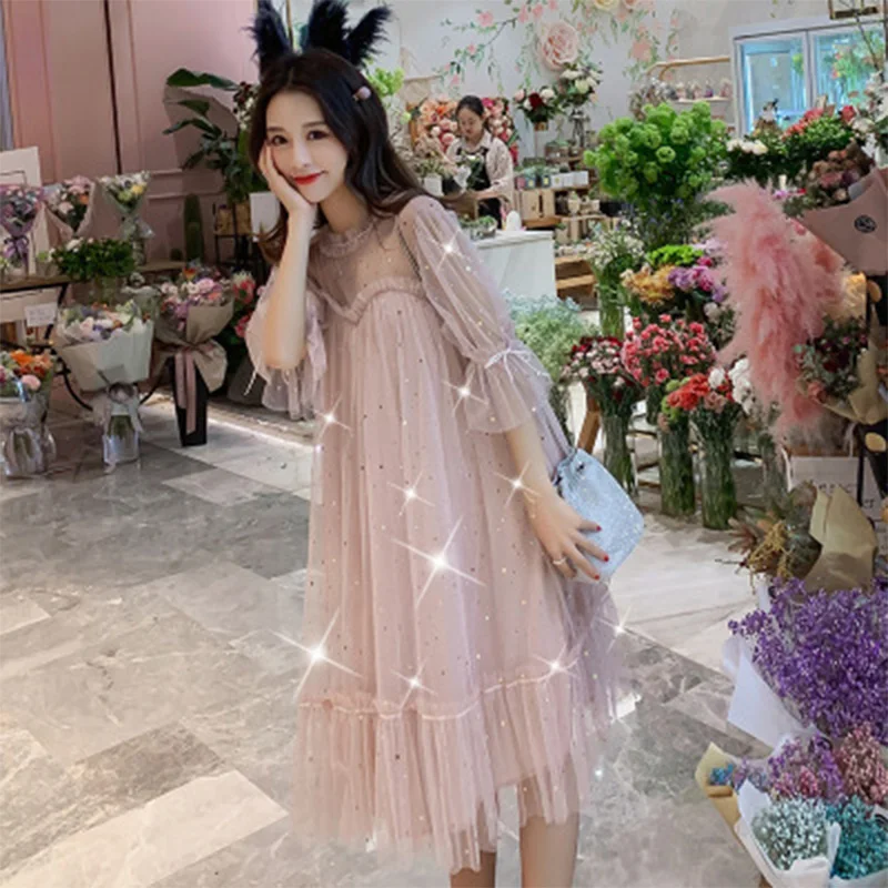 New 2023 Summer cotton Maternity Dress Sequin Fairy pregnancy Dresses Casual Half Sleeve Loose Pregnant Women dress zomer jurk