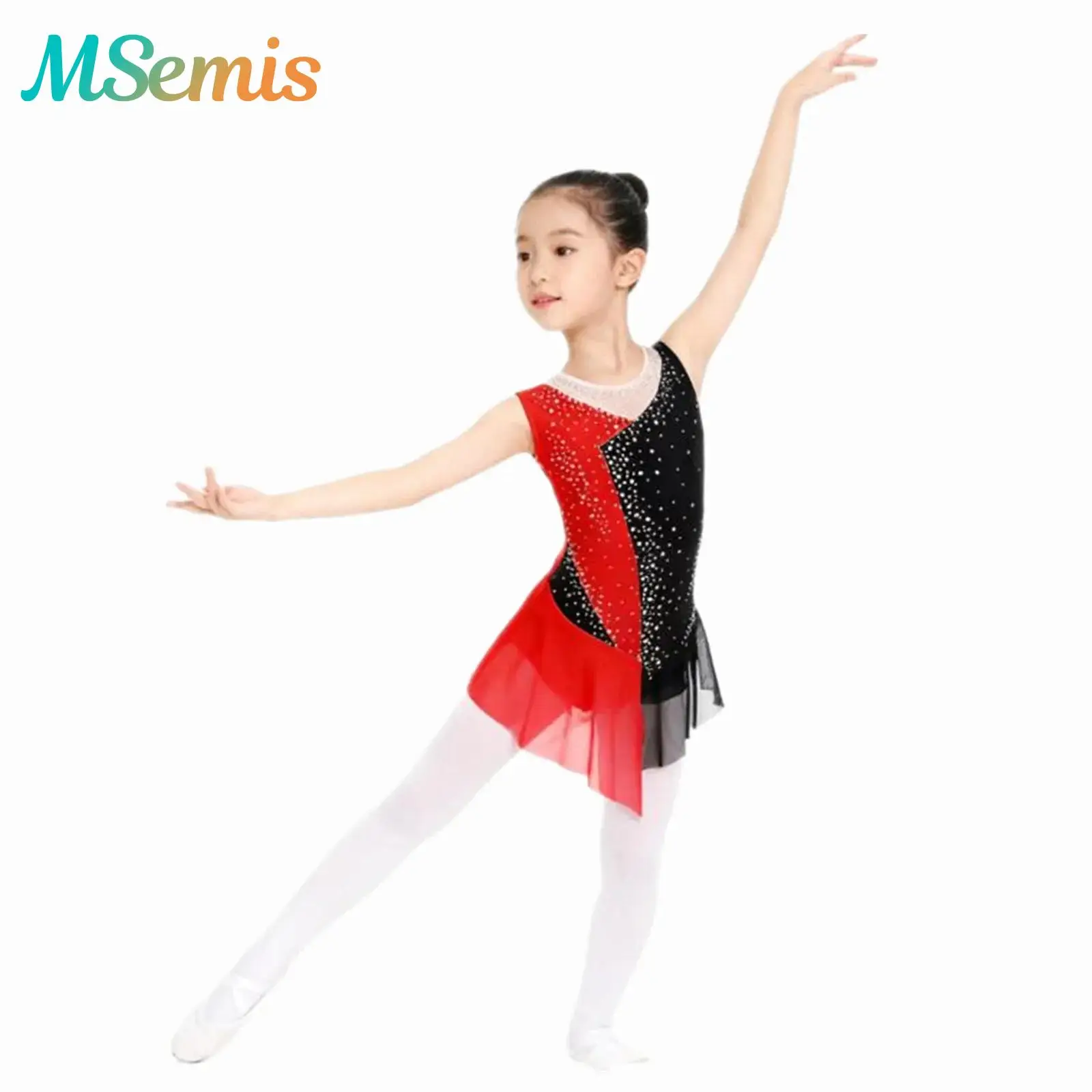 

Kids Girls Sparkly Rhinestone Gymnastics Artistic Skating Ballet Jersey Costume Sheer Mesh Ballerina Tutu Tights Leotard Dress