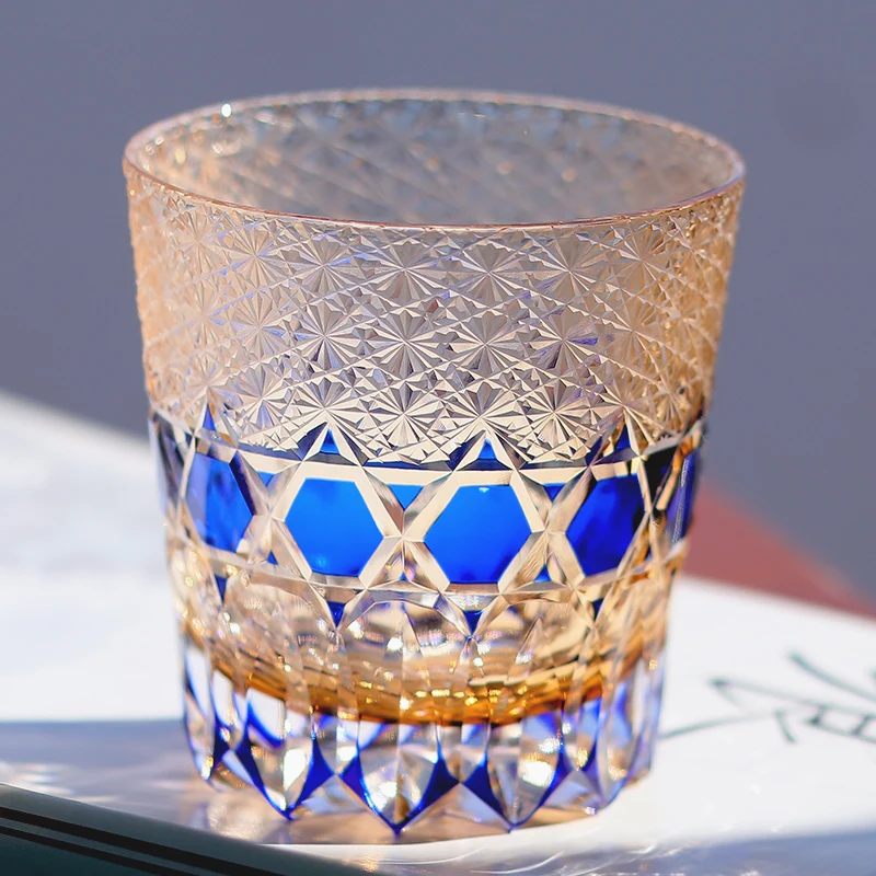 Luxury Hand Cut To Clear Blue Colored Glass Whiskey Tumbler Green Edo Kiriko Style Old Fashioned Glasses Bar ware Black