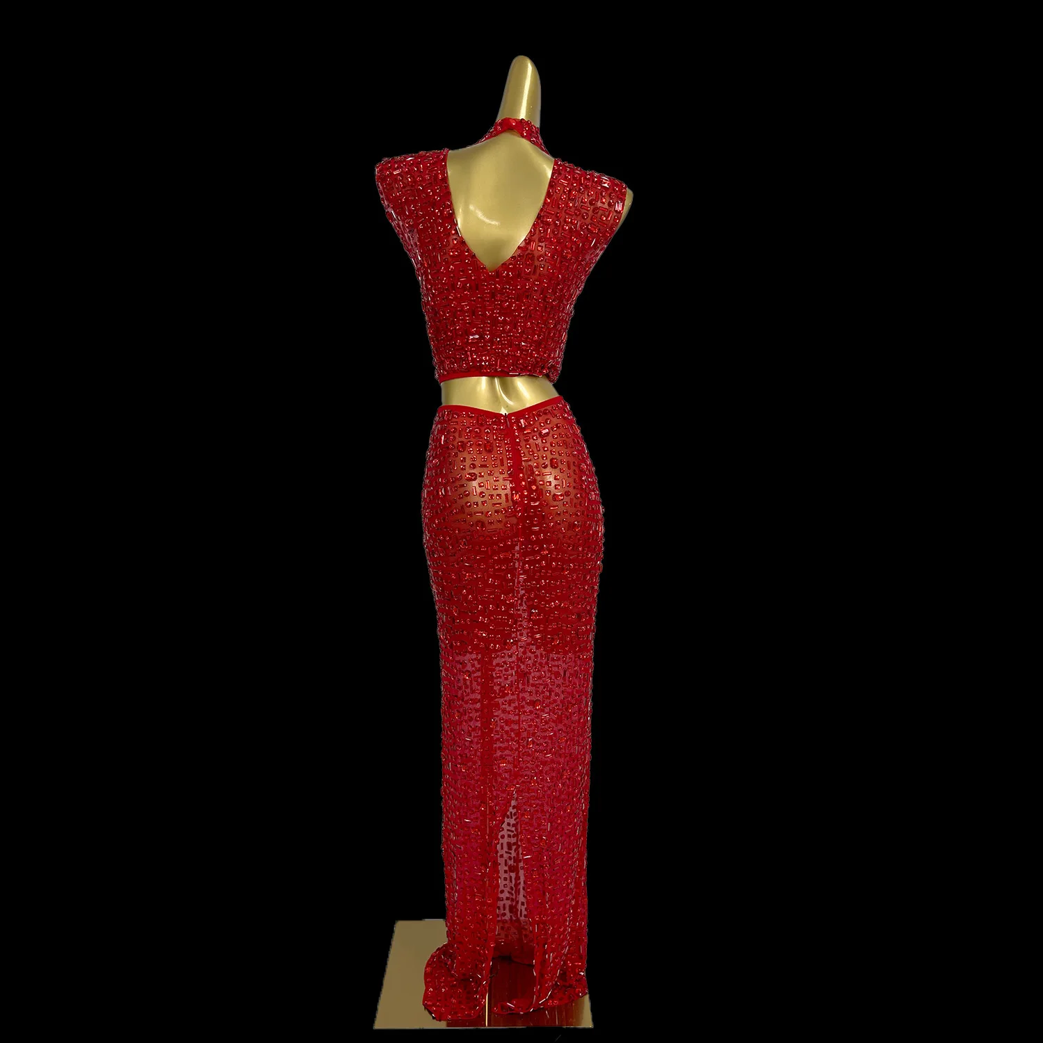 Conjunto de media falda de diamante brillante rojo, traje Sexy de 2 piezas, con ombligo descubierto, tenedor alto, para fregar el suelo, vestido de noche, falda larga para banquete de boda