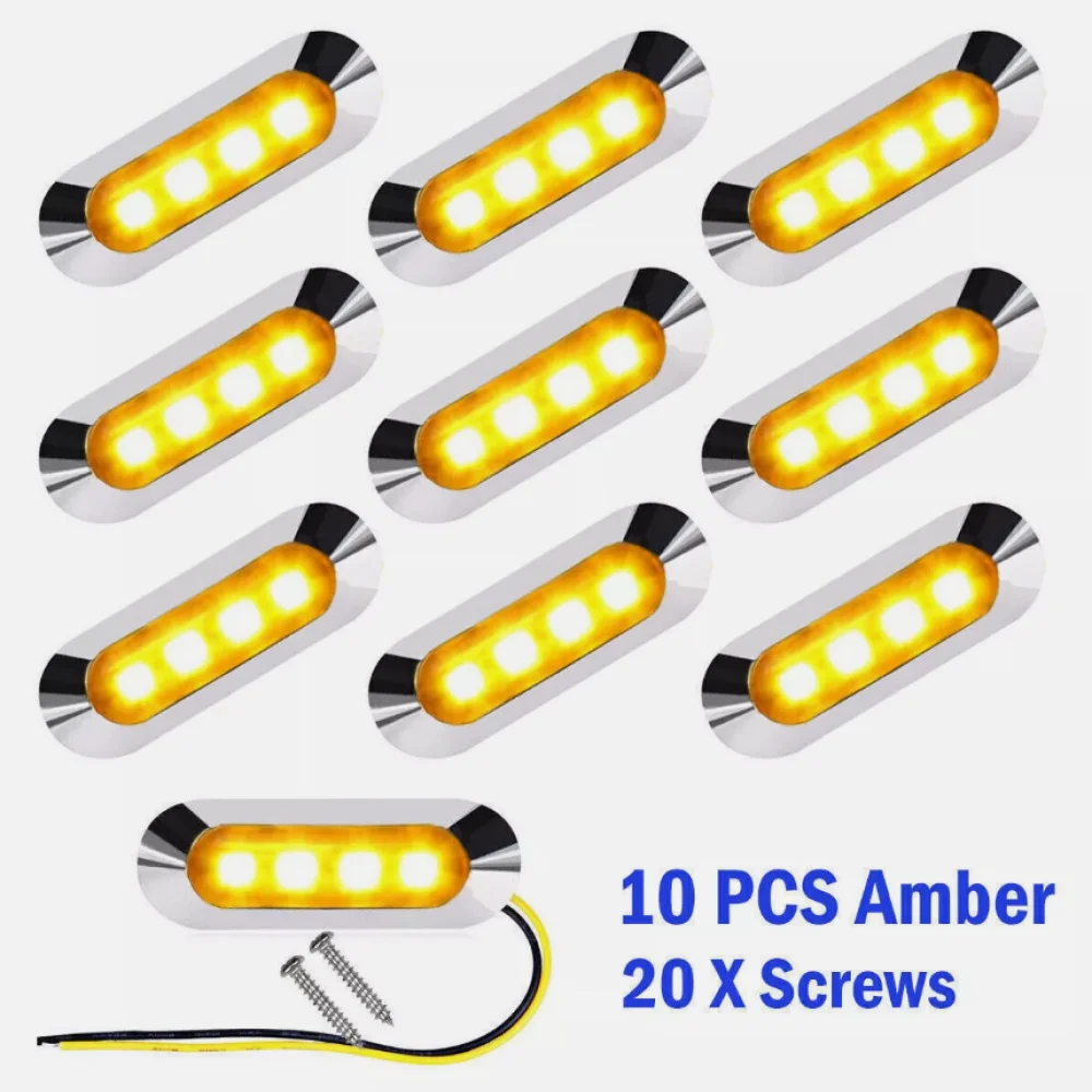 Fuleem 10PCS Amber 4 LED Light Clearance Side Marker Truck Trailer Lamp Chrome Cover Bezel 12V 24V Waterproof