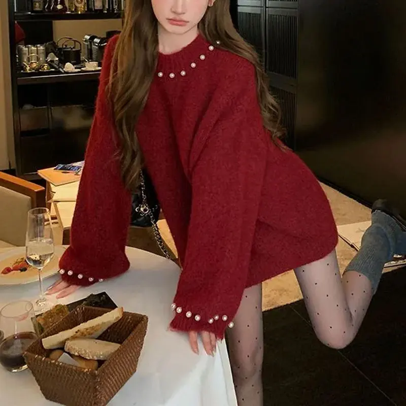 

Korean Chic Beading Red Loose Sweaters Autumn Winter Vintage Solid Color Women's Clothing O-neck Long Sleeve Knitted Pullovers