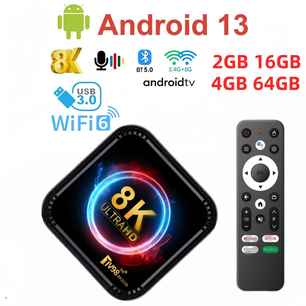 Décodeur TV Android 13, USB 3.0, WiFi 6, RL, 8K, RK3528, Façades Core, 2.4G, 5G, Touristes, Wifi BT, Télécommande vocale, Lecteur multimédia, 4K