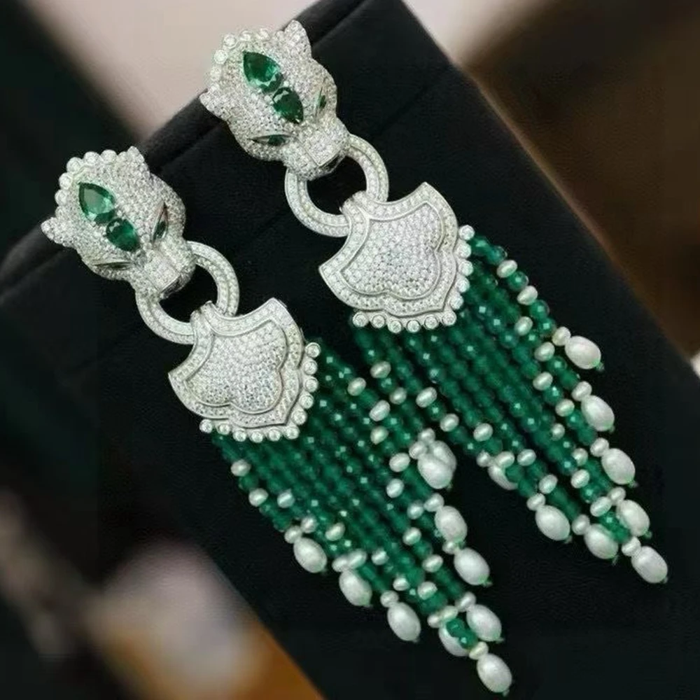 

Роскошные ремесленные серьги ручной работы с белым жемчугом и зеленым агатом, длинные серьги с кисточками, серебряные серьги с пантерой, леопардовые украшения для женщин, вечерние