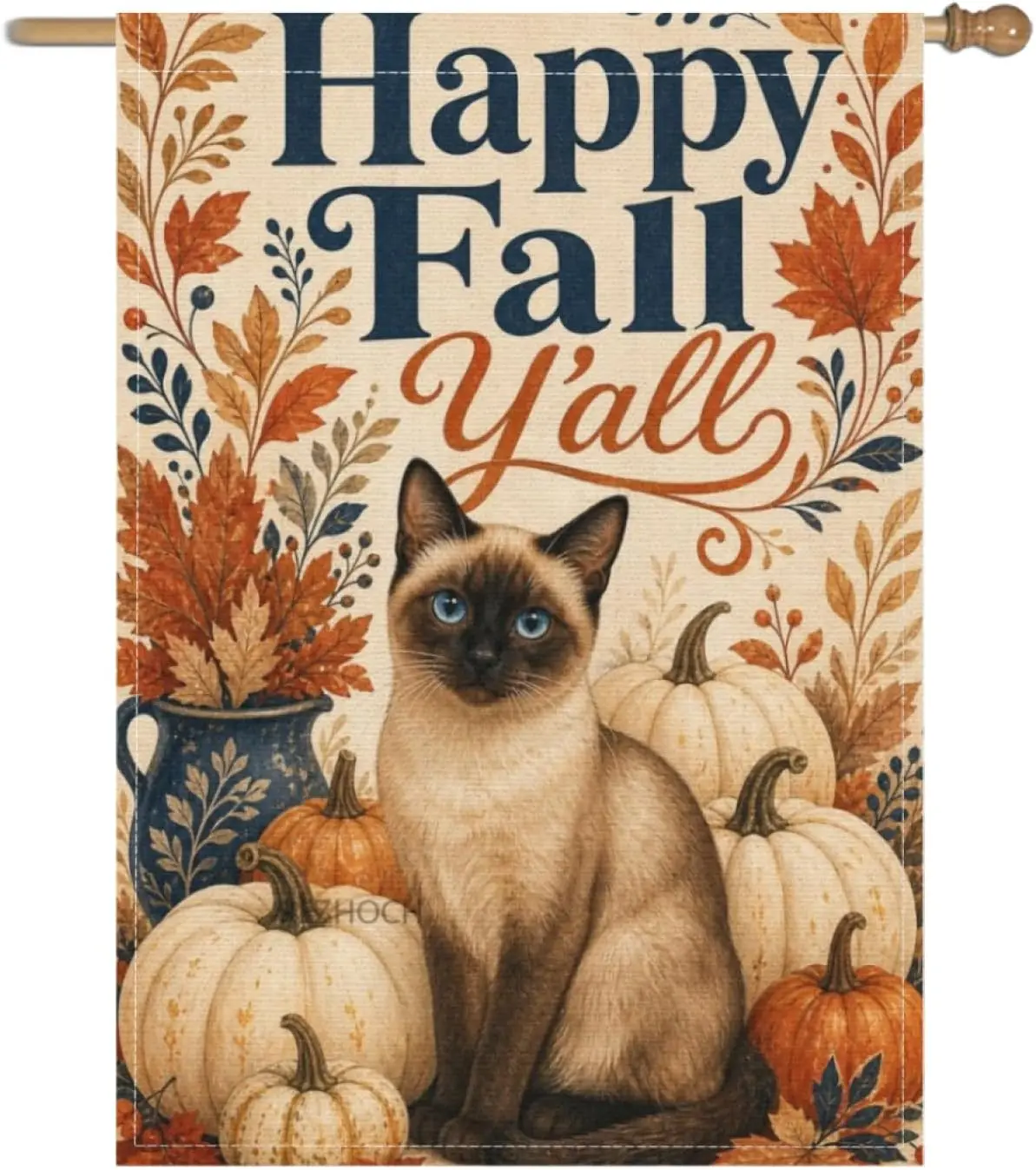 Happy Fall Yall House Flag 28x40 Inch Siamese Cat Pumpkin Arrangement Autumn Floral Farmhouse Window Rustic Vintage Cottage  aaz