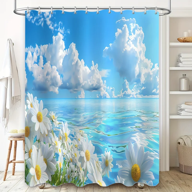 Water-resistant Blue Sky Clouds and Sunflowers Pattern Polyester Shower Curtain with 12 Eyelet Rings - Fashionable Bathroom Divi