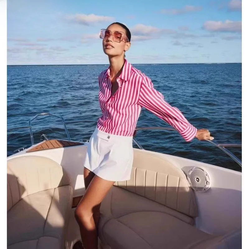 

Spring 2025 New Women's Long Sve Collar Mixed Linen Striped irt Loose Fit Commute Sle Regular Sve Length