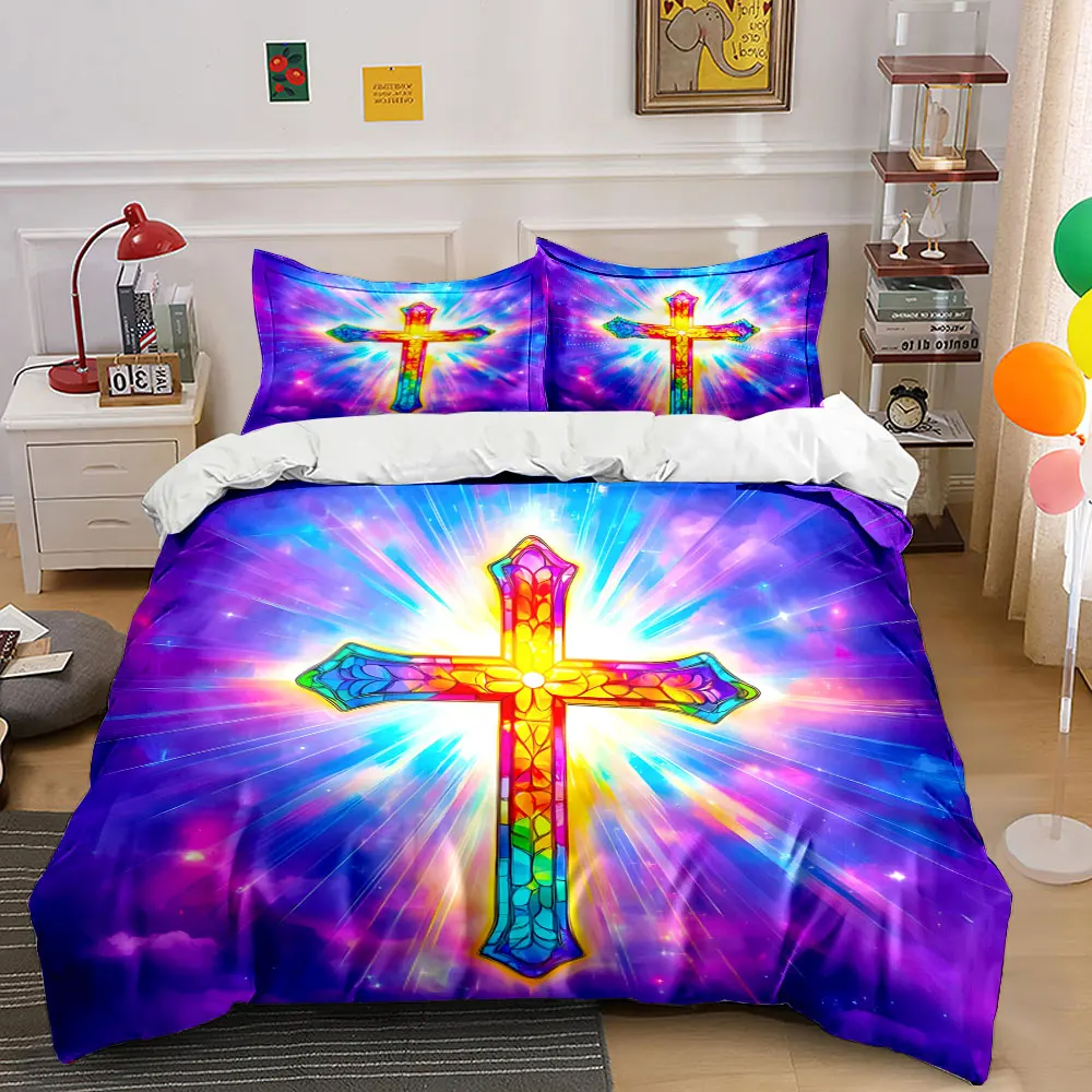 Radiant stained glass cross Print Bedding Set 1 Duvet Cover 2 Pillowcases for Adult and Children Luxury Gift Full Size