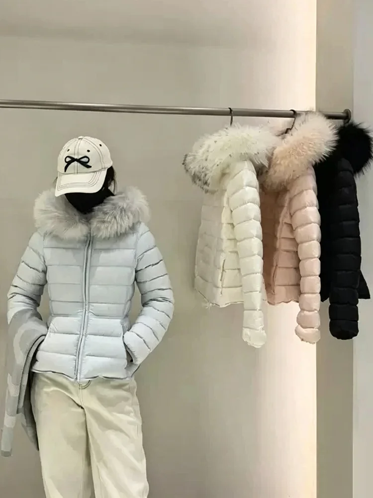 2026 Winter New Style Long Fur Collar Hooded Down Jacket for Women - A Tight-Fitting Warm Coat with Waist Adjustment