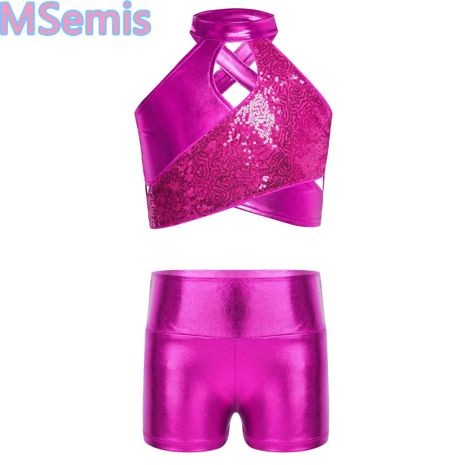 Kids Girls Metallic Street Dance Outfit Jazz Dance Performance Costumes Cross Keyhole Sparkly Sequins Crop Top with Shorts Set