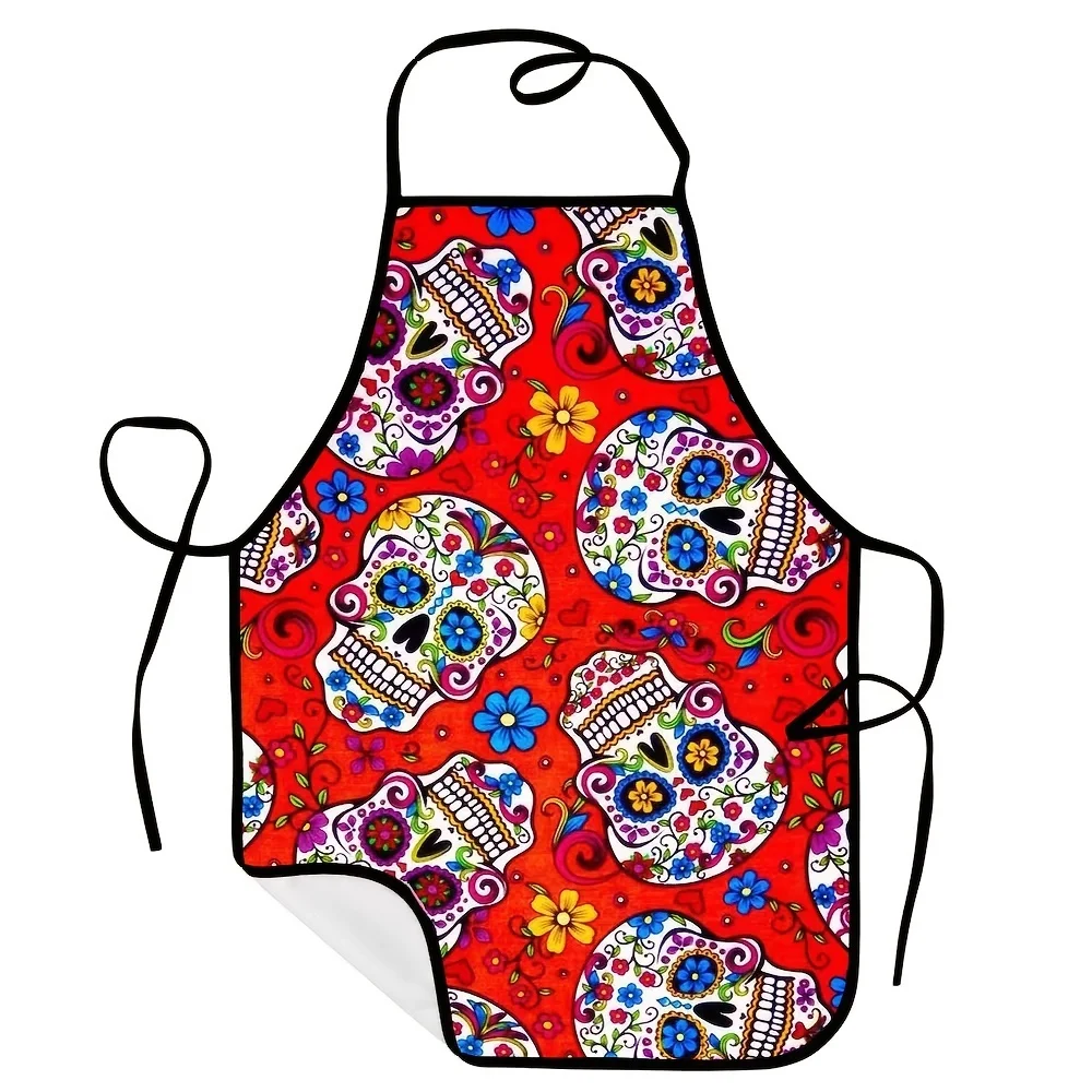 1pc Kitchen Apron,Colorful Printed Cooking Apron,Skull Pattern Apron, Baking Accessories,Chef Waiter Coffee Shop Barbecue Apron