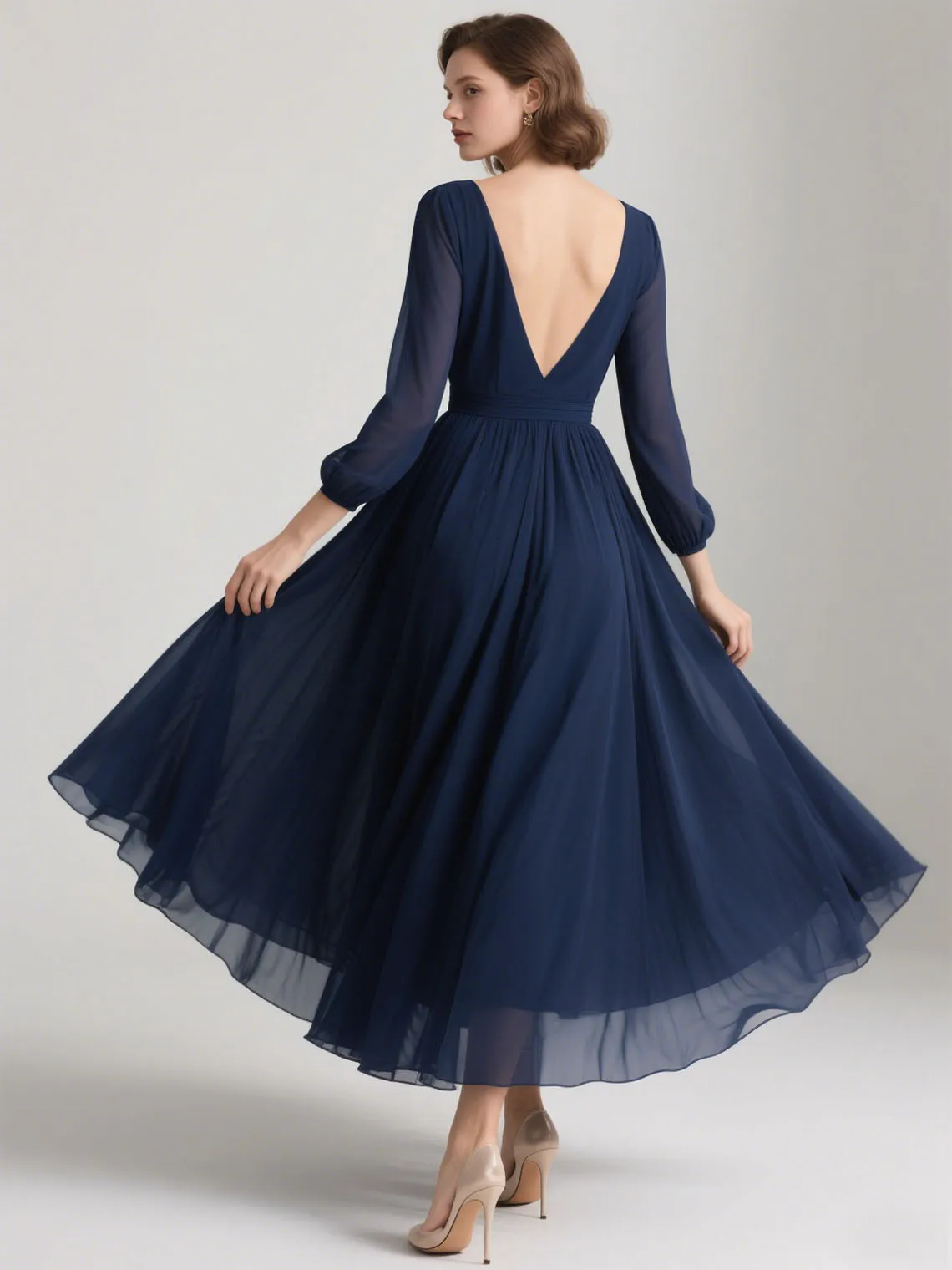 فساتين سهرة مثيرة على شكل حرف a على شكل حرف V بطول الأرض شيفون كلاسيكي بأكمام طويلة بدون ظهر لحفلات الزفاف 2025 مخصصة مجانية