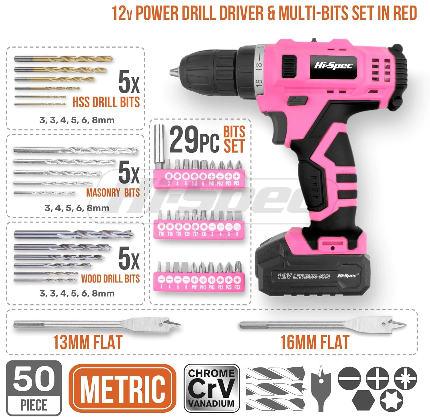 Hi-Spec Drill 50 Piece 12V Pink Drill Driver & Multi Bit Set. High Speed Cordless & Rechargeable Electric Power Drills