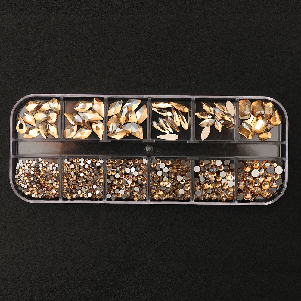 12Gird Box Multi Größe Farbe Flatback Glas Strass Nail art Zubehör Dekorative Kristall Diamant DIY Handwerk Steine – Detail 6