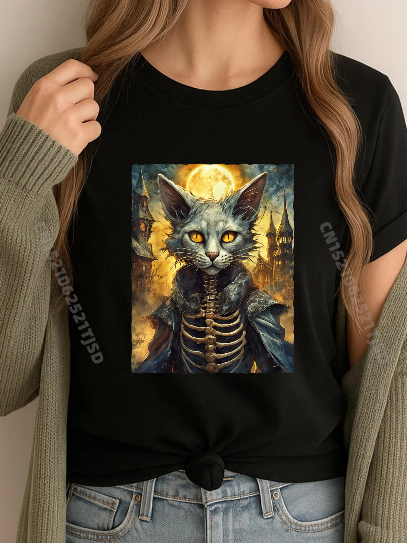 

Хэллоуин Скелет Кот Графическая Футболка Хлопковые Аниме Футболки Мужские Топы Футболки День Любителей