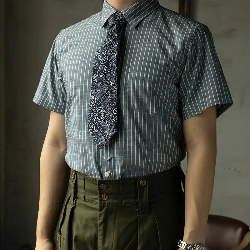 Short-sleeved Vertical Striped Shirt Americana Khaki Vintage Retro Jacket Summer Pure Cotton Shirts for Men New Arrival