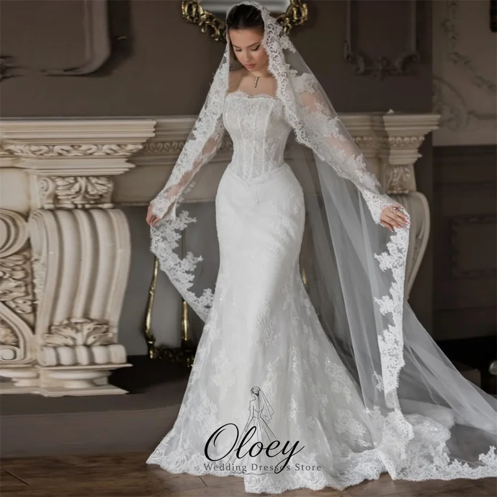 OLOEY Maßgeschneidertes Glamouröses Brautkleid mit Quadratischem Ausschnitt und Langen Ärmeln, Spitzen-Meerjungfrauenkleid für Frauen, Vestidos De Novia