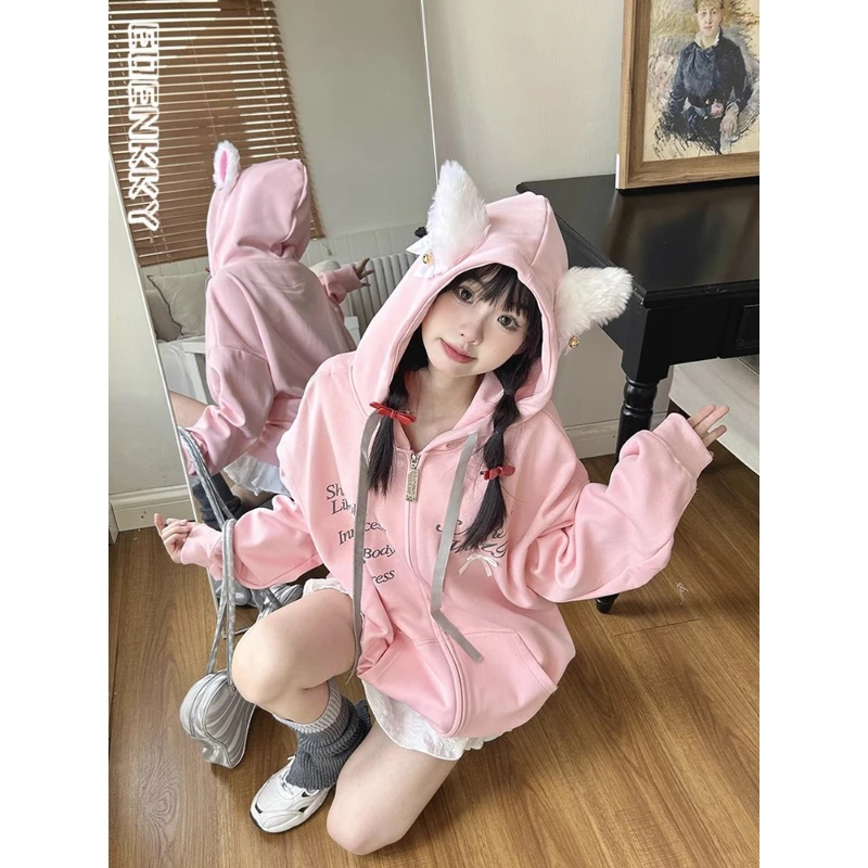 Y2k Korean Hoodies Women Spring Loose Cute Cat Ears Bow Design Hooded Zipper Jacket Cardigan Harajuku Casual Oversize Coats 2024