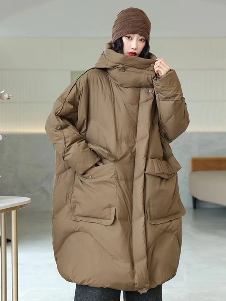 Warm Long Down Hooded Jackets for Women, 90% White Duck, Thick Warm Jackets, Oversize, Wide Version, Winter Coat