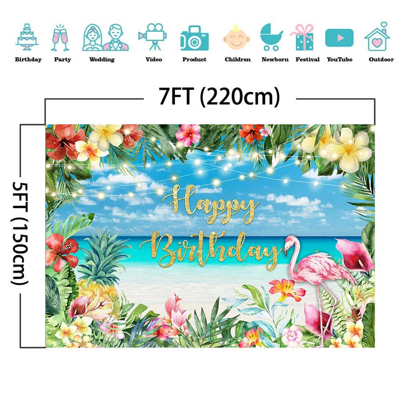 Toile de fond pour fête d'anniversaire Aloha, flamand rose, fruits tropicaux, feuilles de palmier, décoration de Portrait d'enfant, stand Photo, été