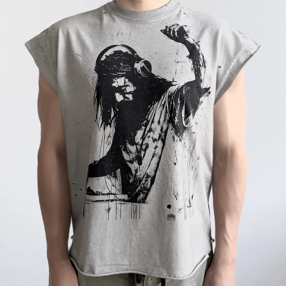 Yao Fashion Cotton Tops Loose Vintage Graphics Print Summer Casual Men Tank High Street T Shirt Vest