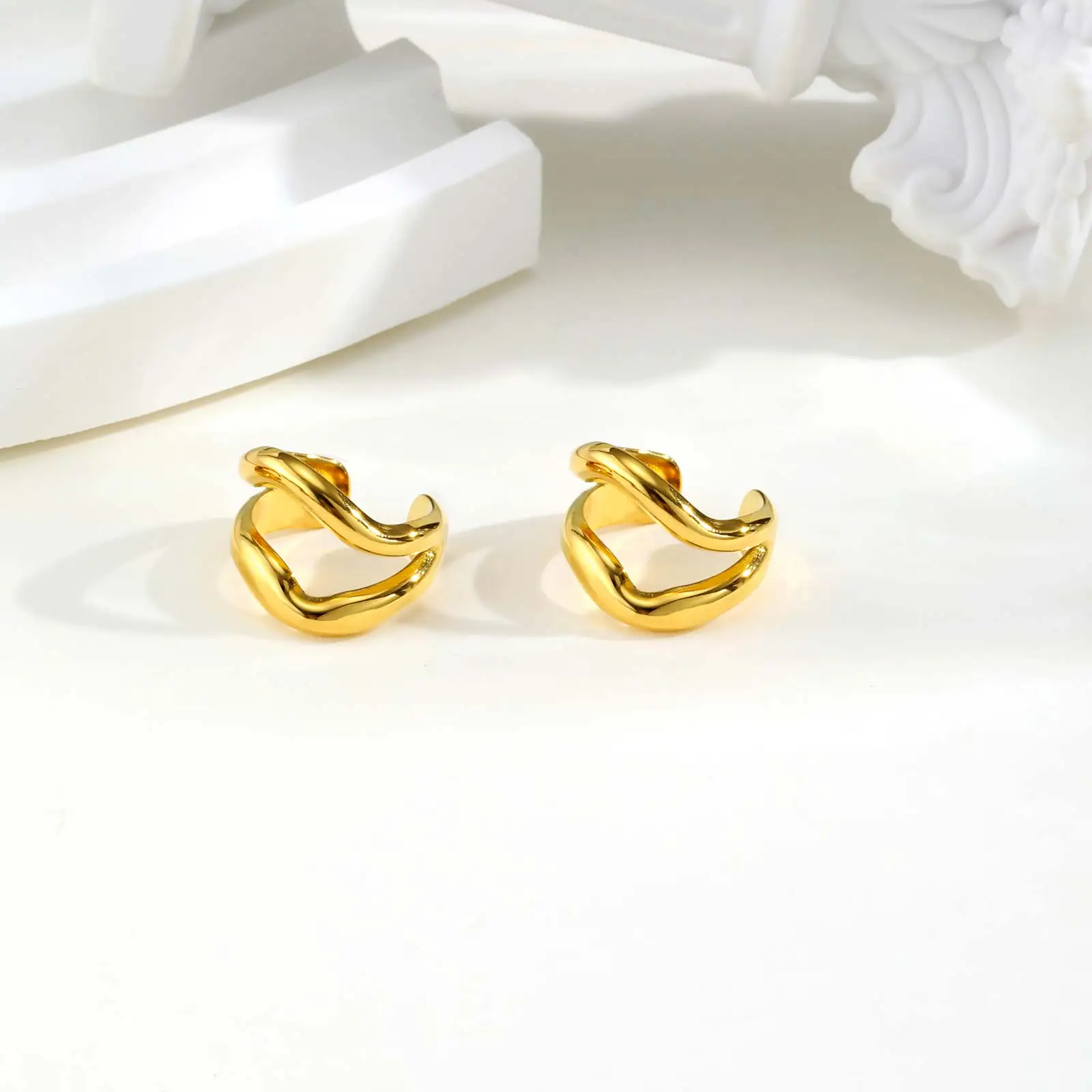  Stainless Steel Irregular Wave Ear Bone Clip for Women, High Quality 18K Gold Color Ear Cuff, Non Pierced Clip on Earrings