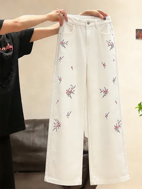 

plus Size Chinese Style Embroidered Casual Jeans Women's High Waist Straight Leg Spring New Style Slimming Breathable Denim