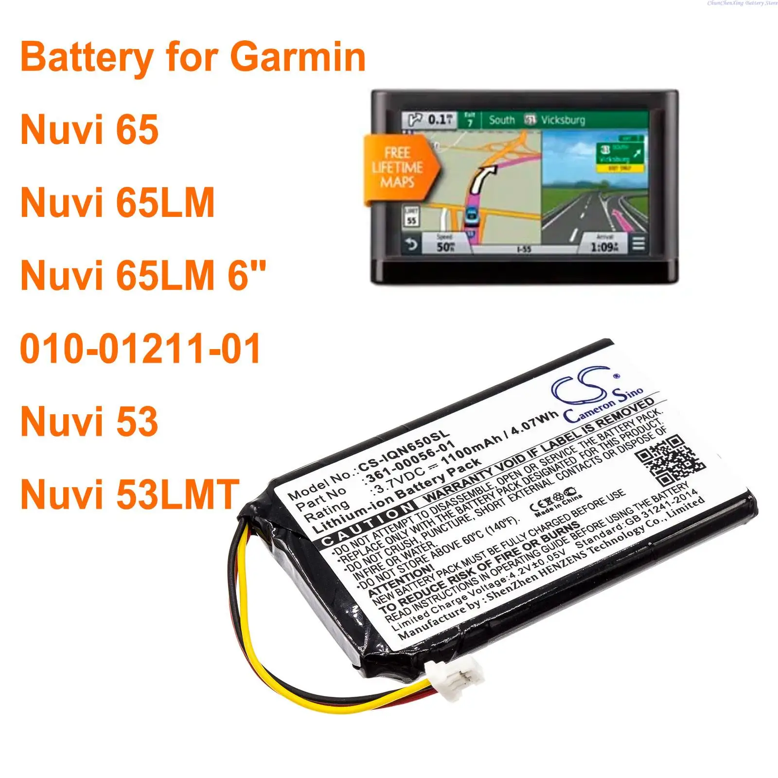 Cameron S37- Batterie pour Garmin, 1100mAh, 361-00056-01, 65, 65LM, 65LM, 6 ", 01211, 01, 53, 53Lstuff