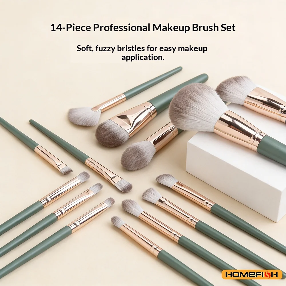Juego de brochas para mezclar polvos cosméticos y coloretes – 14 piezas de herramientas de maquillaje suaves y esponjosas para sombra de ojos y base