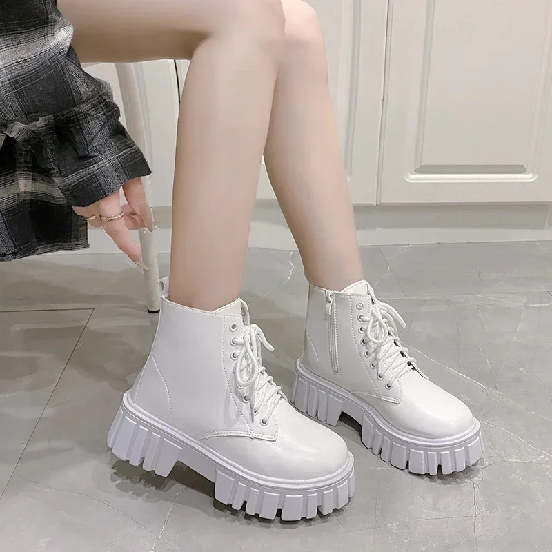 2024 White New Women Ankle Boots Autumn Winter Platform Zipper Women Punk Boots Thick Sole Lace Up Combat Booties Female Mujer