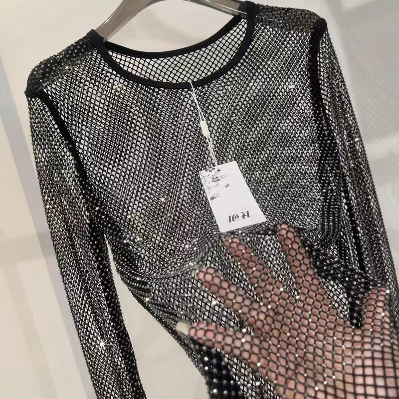 Mode Diamant Hohl Shiny Bottom Shirt Temperament Schlank Strass Rundhals Langarm Top frauen T-Shirt Kleidung 2025 – Detail 7