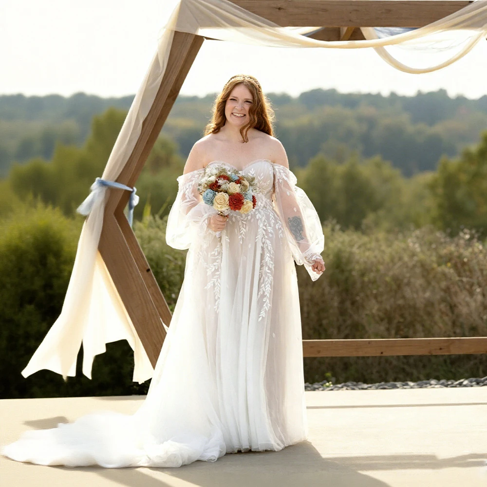 

Plus Size Lace Wedding Dress 2026 Puff Long Sleeves Sweetheart Boho Bridal Gown Appliques Tulle A Line robe mariée Customized