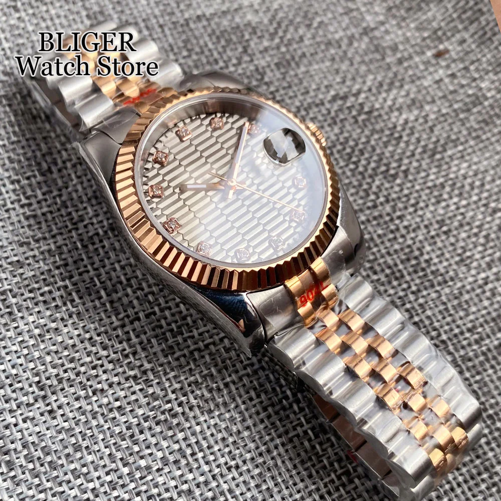 Imagem -04 - Bliger Relógio Automático Masculino Relógio Two Tone Índice Diamante Ouro Rosa Mostrador Amarelo Cinzento Bracelete de Aço Vidro Safira Nh35a 36 mm 39 mm