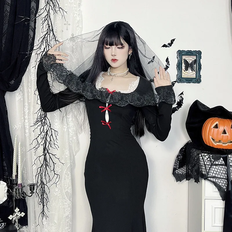 You're My SecExamen-Robe gothique à manches longues et col carré pour femme, t-shirts en queue de poisson, robe de batterie con, costume d'Halloween, patchwork, nouveau