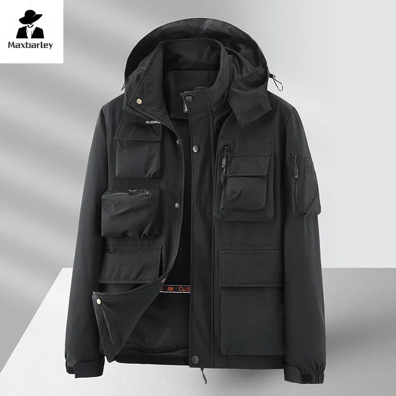 Men's Windbreaker Retro Multi-pocket Waterproof Coat New Spring 2024 Work Field Mountaineering Detachable Cap Boxing Jacket