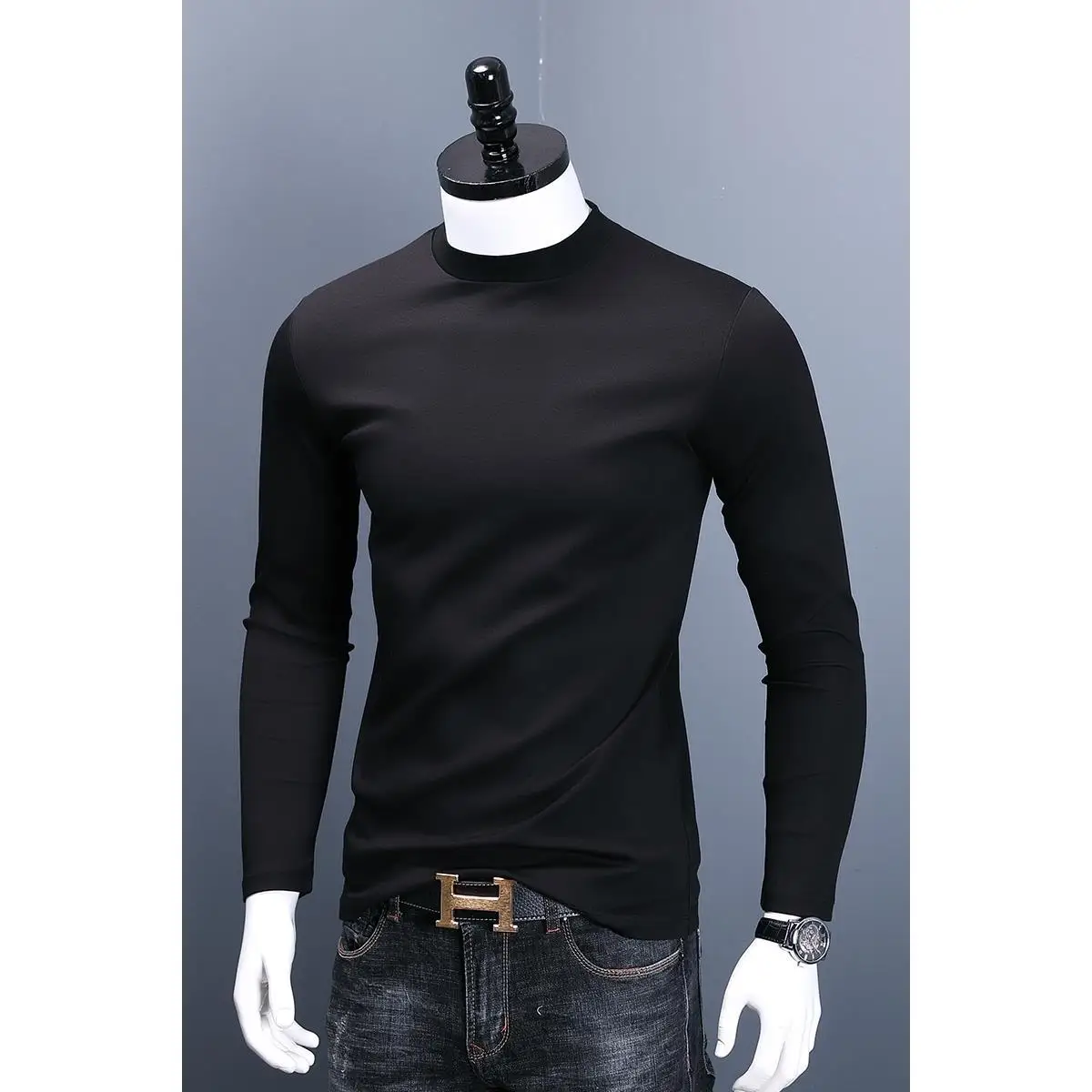 Fashion kaus pria, baju atasan lembut lengan panjang Slim Fit musim gugur dan musim dingin Turtleneck polos