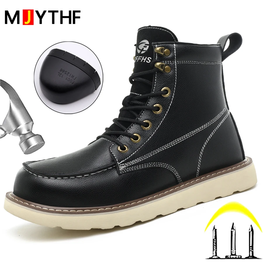 High-top Men's Boots Protection Shoes Work Boots Steel Toe Shoes Cowhide Leather Boots Safety Shoes Waterproof Security Boots